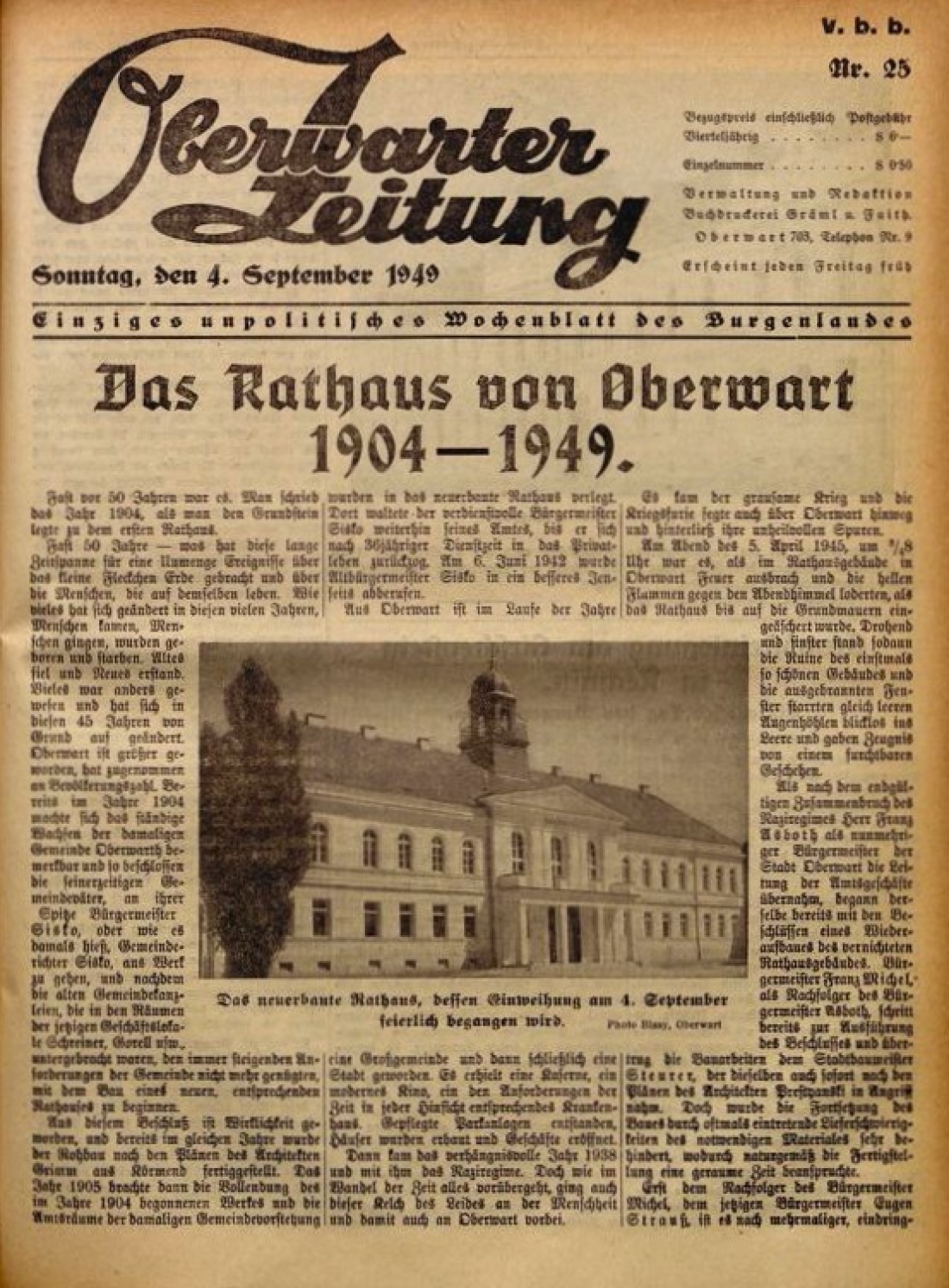 Oberwarter Zeitung vom 4. September 1949: "Das Rathaus von Oberwart" - Ausführliche Geschichte des Hauses