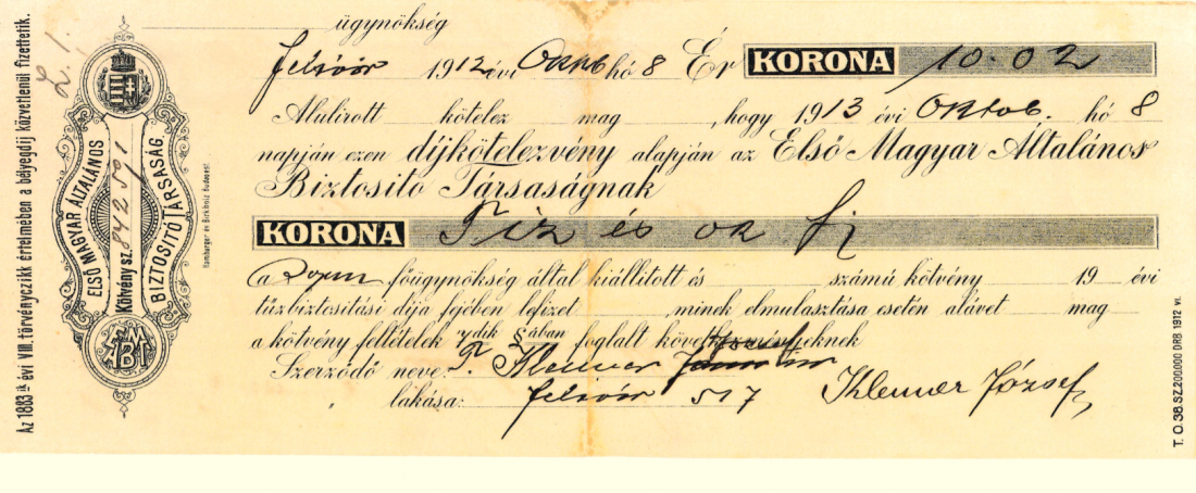 Versicherungsbeleg von Josef Klenner der Felsöör Magyar Általános Biztosító Társaság (Erste Ungarische Allgemeine Versicherungsgesellschaft)