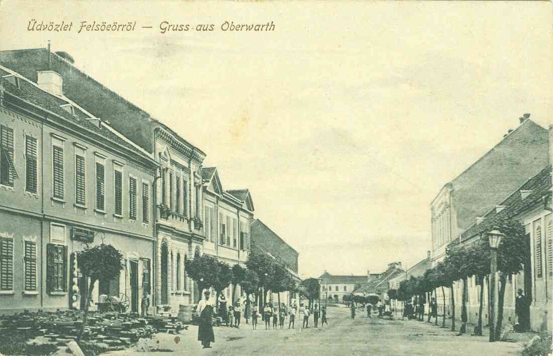 Ansichtskarte: "Üdvözlet Felsöeörröl - Gruss aus Oberwart" Blick auf die Häuser Wienerstraße 14,12, und 10 in Richtung Hauptplatz