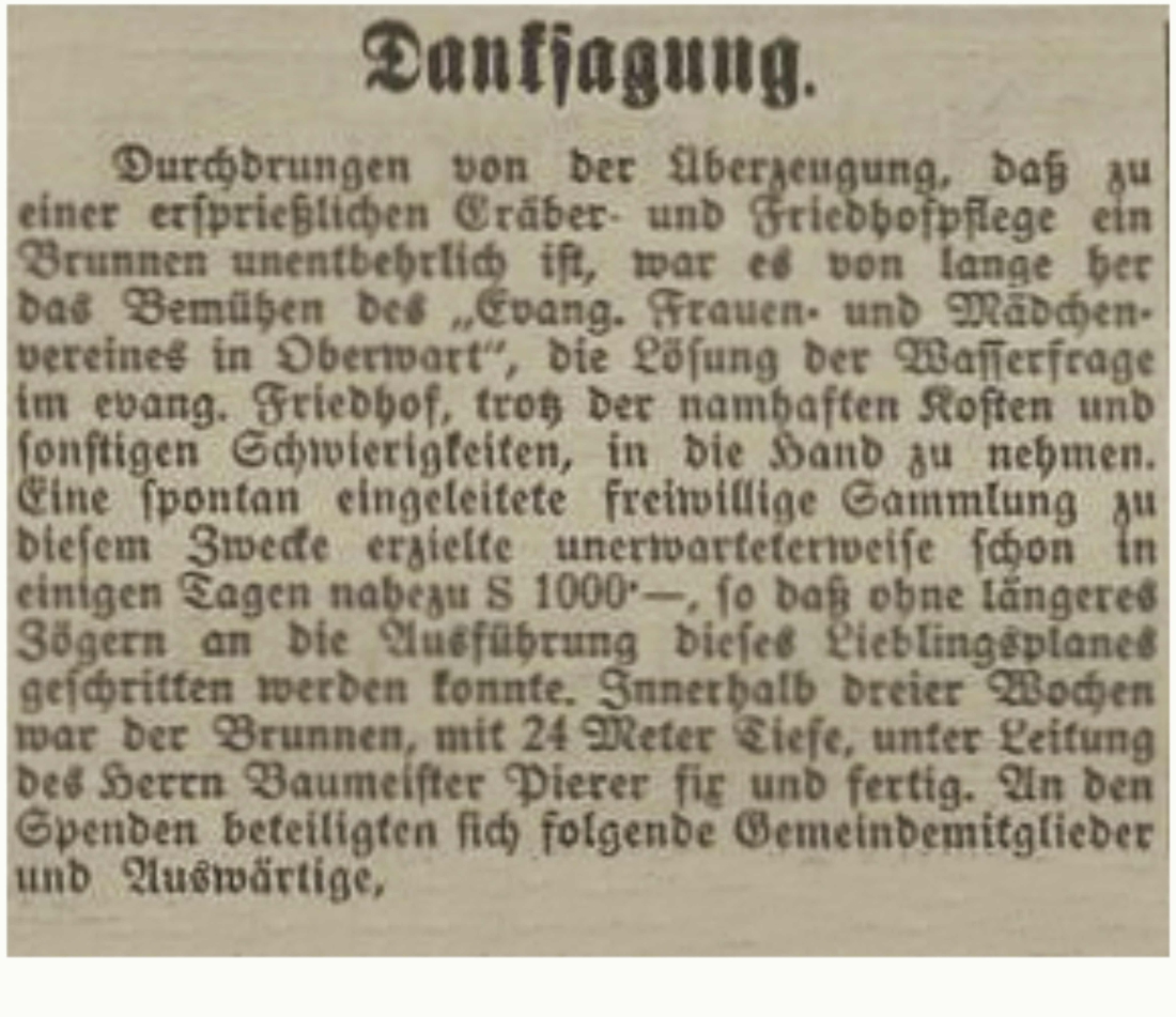 Evang. Pfarre AB: Danksagung in der Oberwarther Sonntags = Zeitung vom 15. Juli 1935 anlässlich er Errichtung eines Brunnens im Friedhof