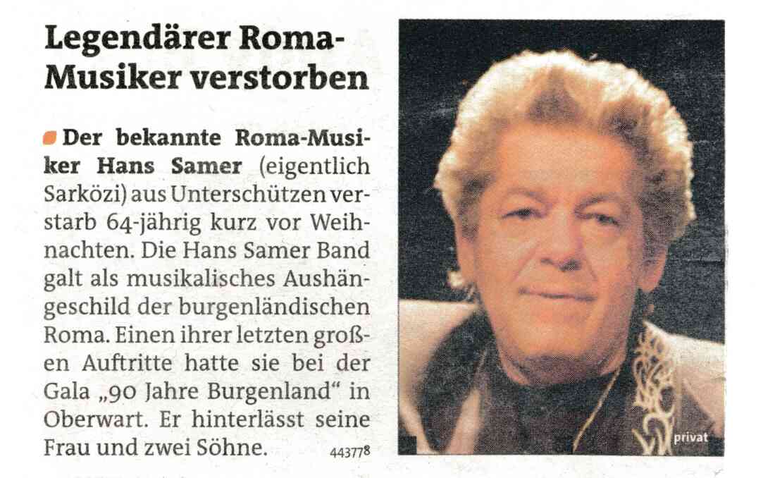 Nachricht über das Ableben des Roma-Musikers Hans Samer (*1948 / +2012)