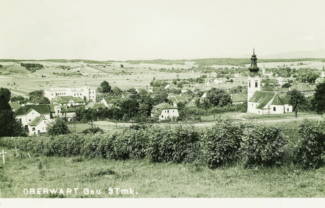 Ansichtskarte: Oberwart - Gau Stmk. - Blick auf das Krankenhaus und - hier nicht besonders prominent - die drei Kirchen und die Synagoge