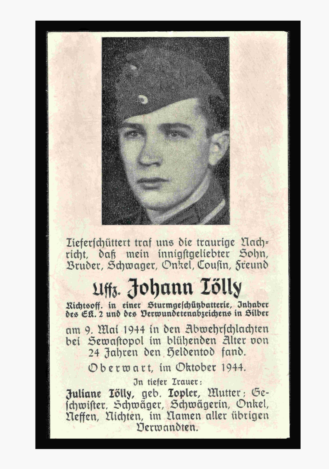 Erinnerungskärtchen: Uffz. Johann Tölly (*1920/+1944) - OW 705 / Grazerstraße 91 - gefallen als Soldat der Deutschen Wehrmacht bei Sewastopol
