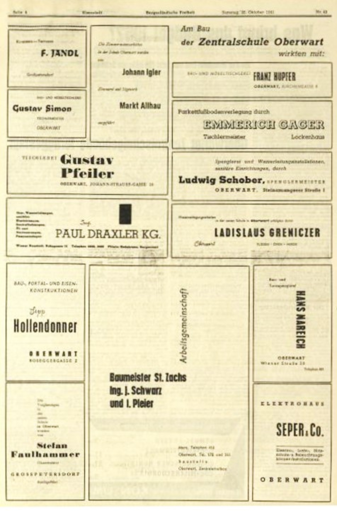 Am Bau der Zentralschule beteiligte Firmen in der BF vom 28. Oktober 1961