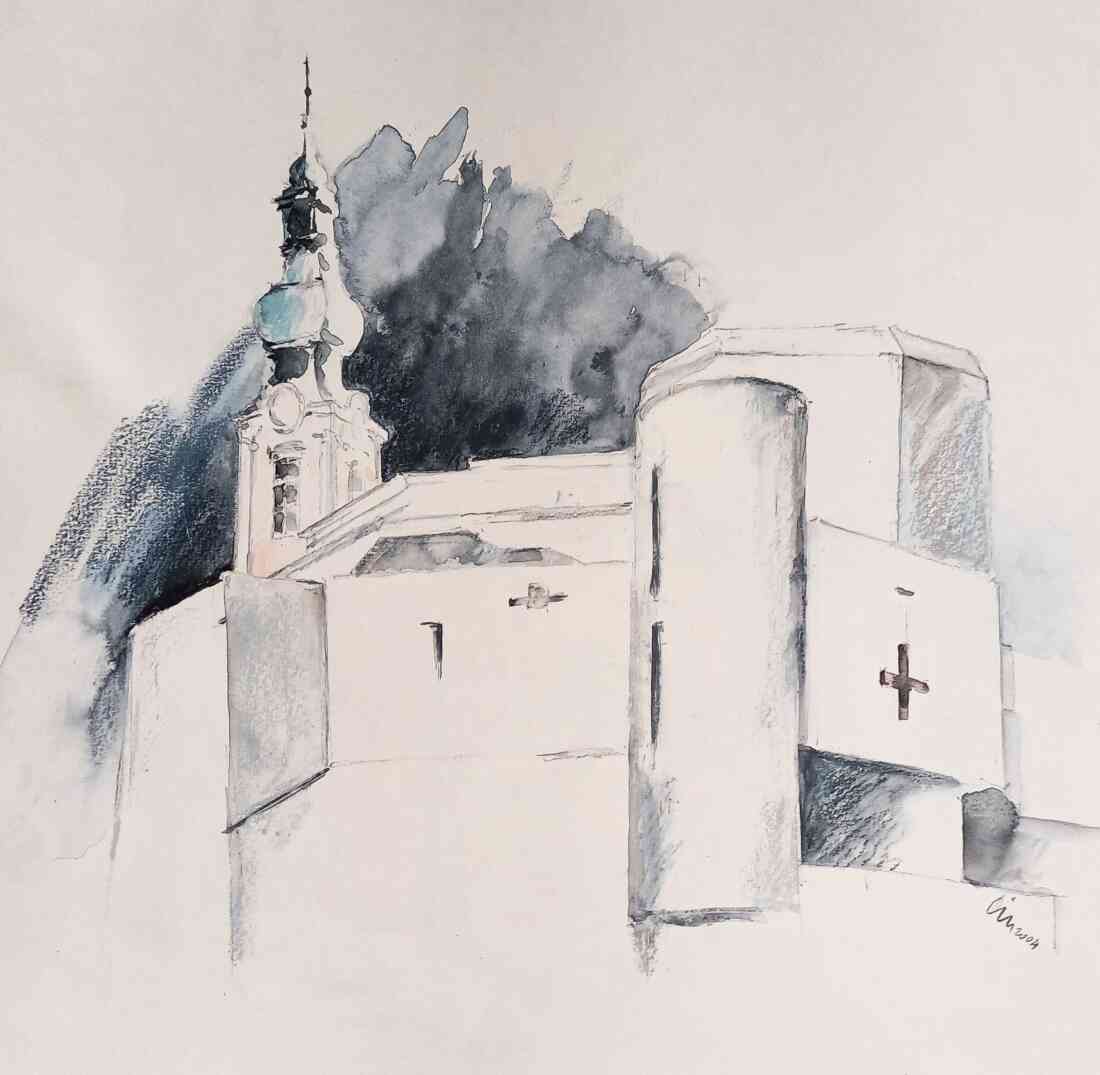 Röm. kath. Pfarre: Kichenkomplexes mit Osterkirche und Aufbahrungkirche Maria Himmelfahrt - Aquarell von Harro Pirch