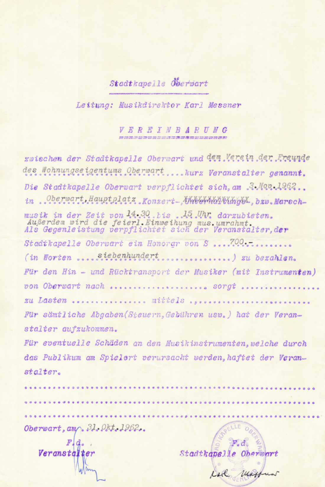 Vertrag zwischen der Stadtkapelle und den Freunden des Wohnungseigentums zur musikalischen Umrahmung der Eröffnung des Haydnhofes am 3. November 1962