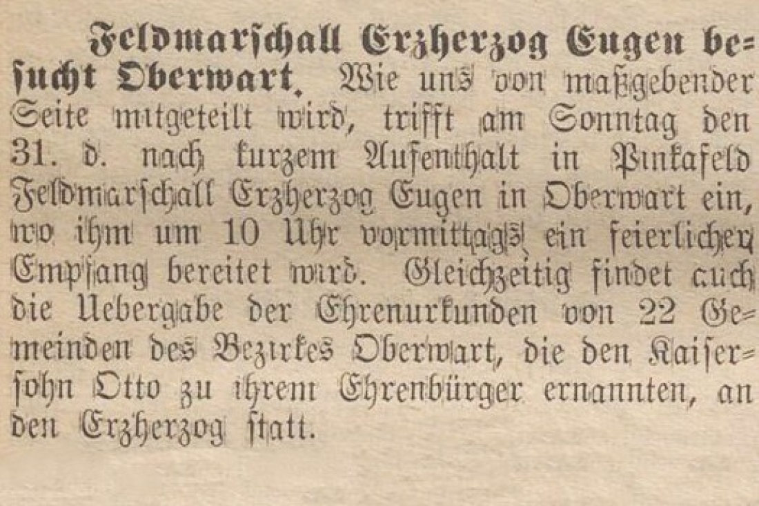 Oberwarther = Sonntagszeitung vom 24. Oktober 1937: Feldmarschall Erzherzog Eugen be­sucht Oberwart