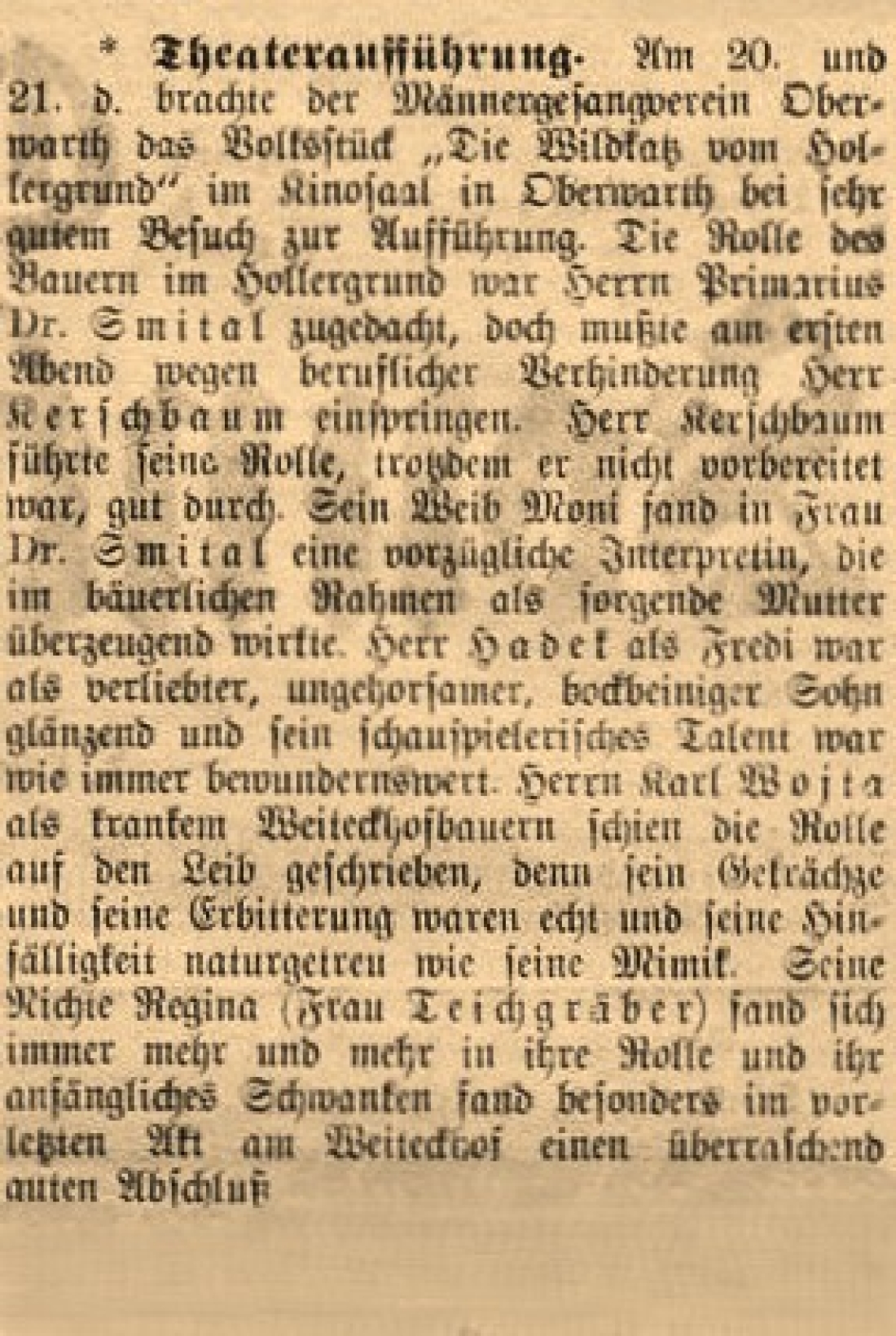 Oberwarther Sonntags-Zeitung vom 24. Jänner 1932 zur Theaterauffrührung des Männergesangvereins: "Die Wildkatz vom Hollergrund"