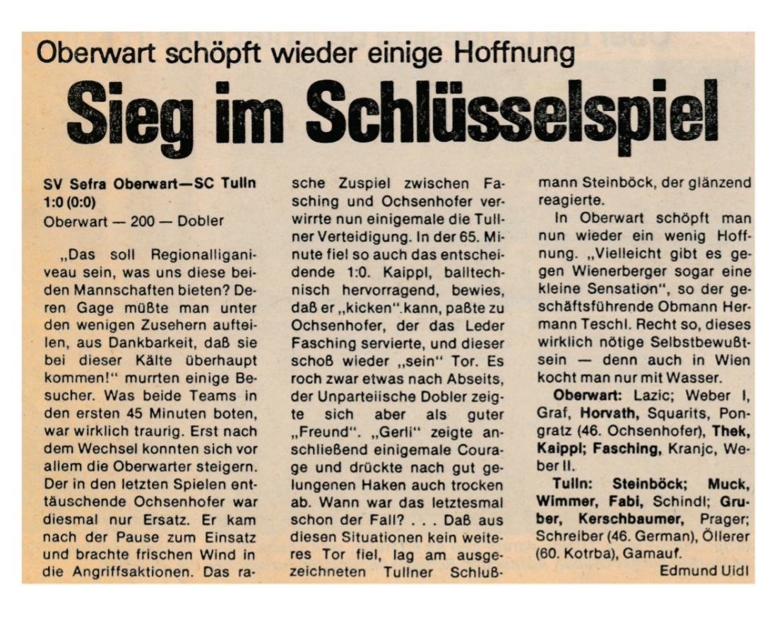 Fußball: "Sieg im Schlüsselspiel" Artikel über den Sieg des SC Sefra Oberwart