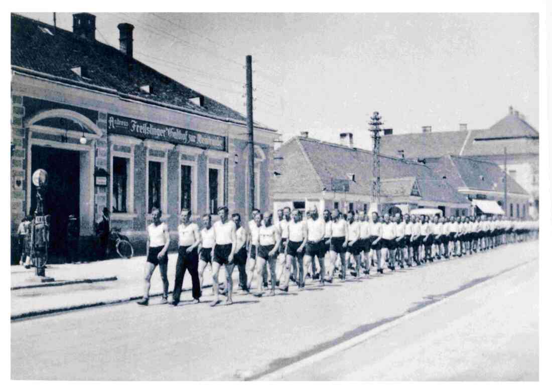 Das in Oberwart stationierte Gebirgsjägerregiment 138 in Vorbereitung auf den Polenfeldzug 1939 vor dem Gasthof Freizslinger (auch Freizslinger-Freisslinger-Freislinger)