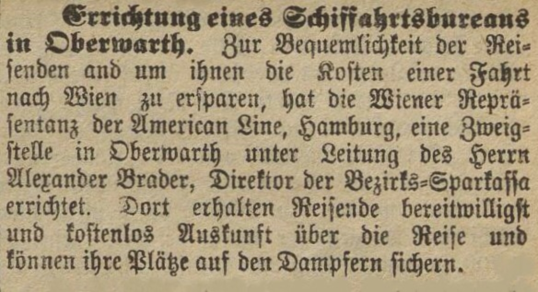 Hinweis in der Oberwarther Sonntags = Zeitung vom 4. März 1924 über die Errichtung eines Schifffahrtsbureaus