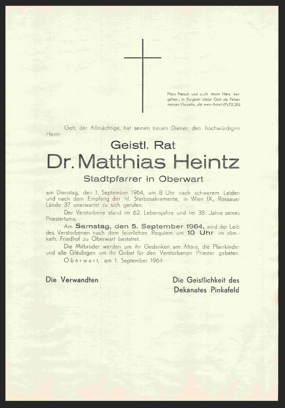 Röm. kath. Pfarre: Parte von Geistlichem Rat Stadtpfarrer Dr. Matthias Heintz (*1903/+1964)