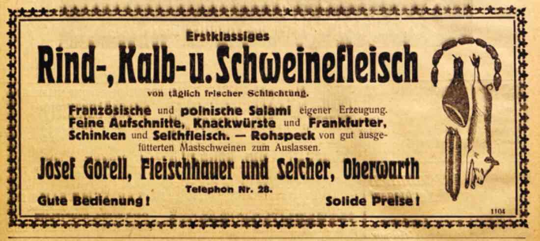 Anzeige von Fleischhauer und Selcher Josef Gorell (Evang. Kirchengasse 12) in der Oberwarther Sonntagszeitung vom 19. Dezember 1926