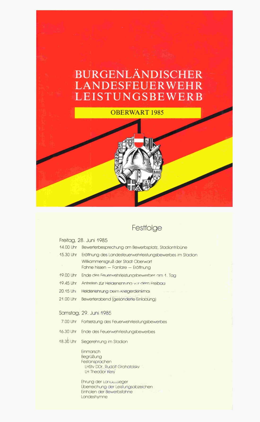 Bgld. Landesfeuerwehleistungsbewerb 1985 in Oberwart : Einladung mit Festfolge