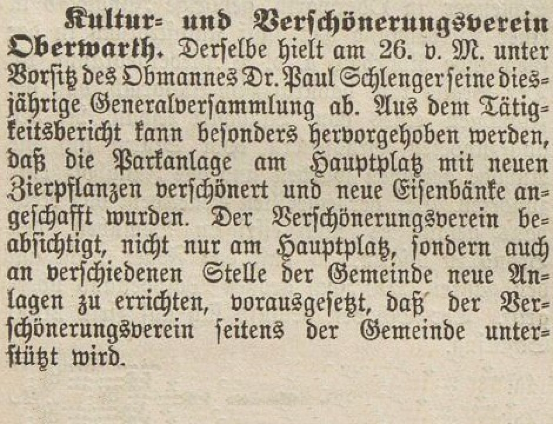Oberwarther Sonntags-Zeitung vom 7. April 1929: Kultur- und Verschönerungsverein Oberwarth