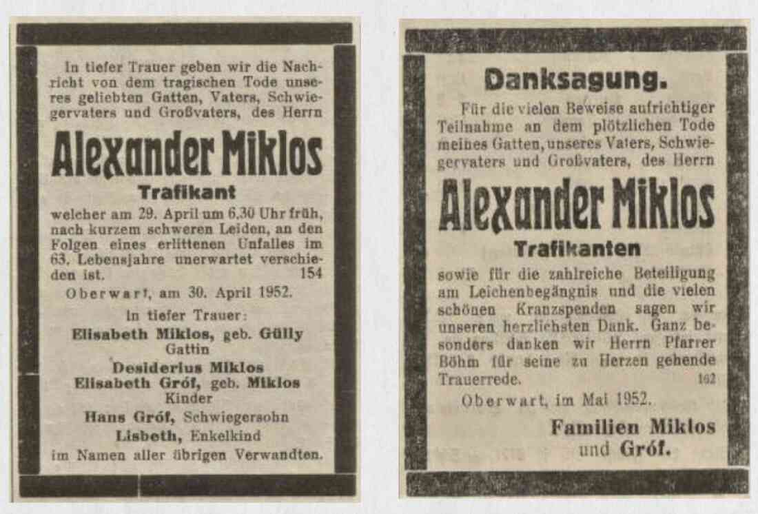 Anzeige und Danksagung zum tragischen Unfalltod von Alexander Miklos (Trafikant, *1888/+1952)