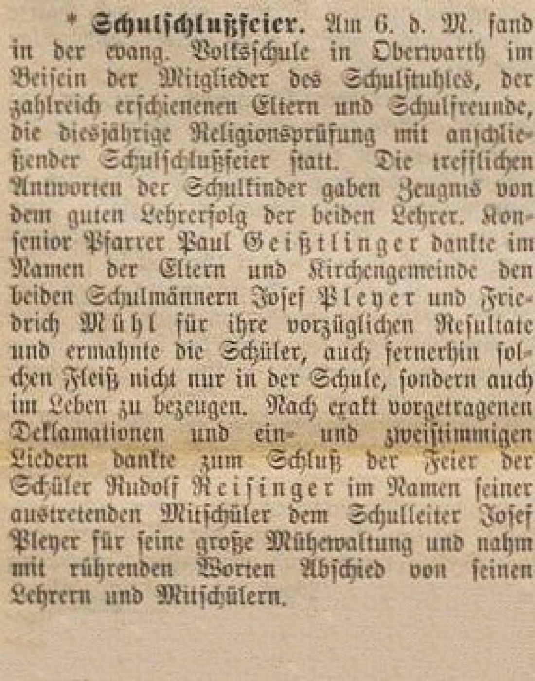 Oberwarther = Sonntagszeitung vom 20. Juli 1930: Schulschlußfeier in der evang. Volksschule