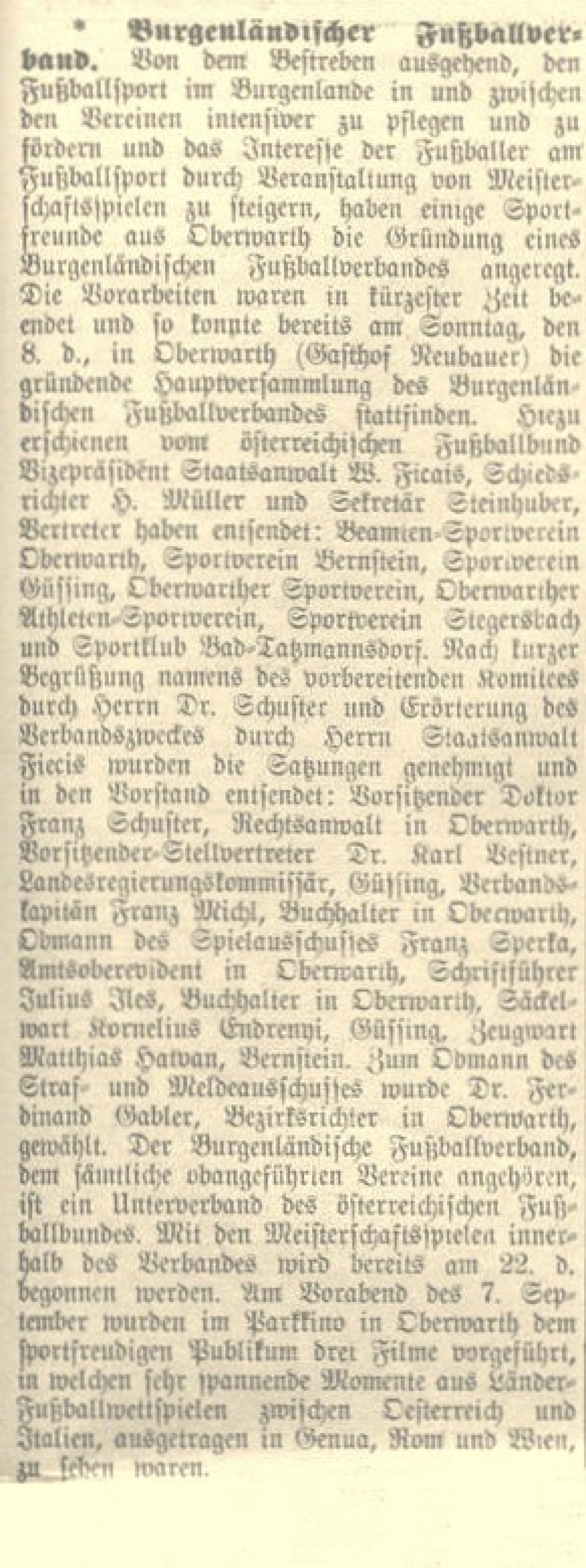 Oberwarther = Sonntagszeitung vom 15. September 1929: Gründung des Burgenländischen Fußballverbandes in Oberwarth