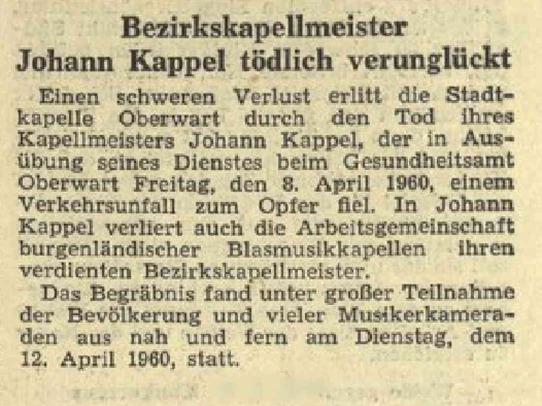 Stadtkapelle: Bericht in der BF vom 23. April 1960 zum Unfalltod von Kapellmeister Johann Kappel (*1905/+1960)