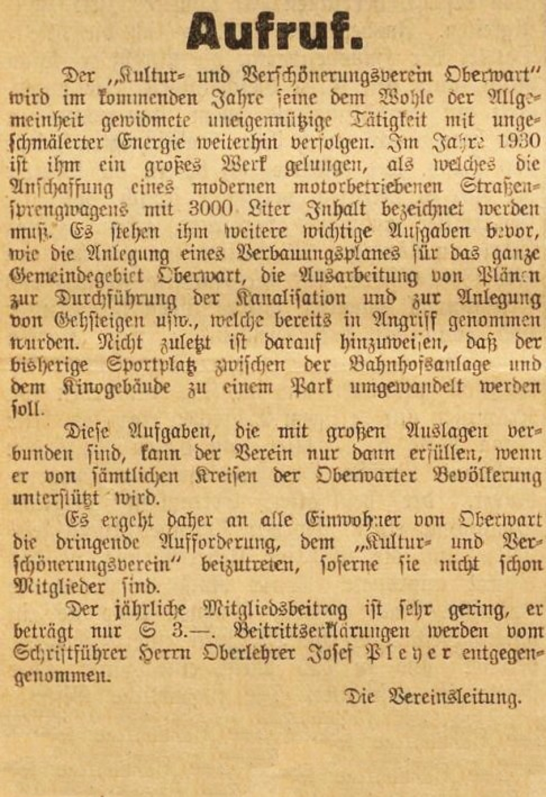 Oberwarther = Sonntagszeitung vom 12. April 1931: Aufruf des Kultur- und Verschönerungsvereines Oberwarth