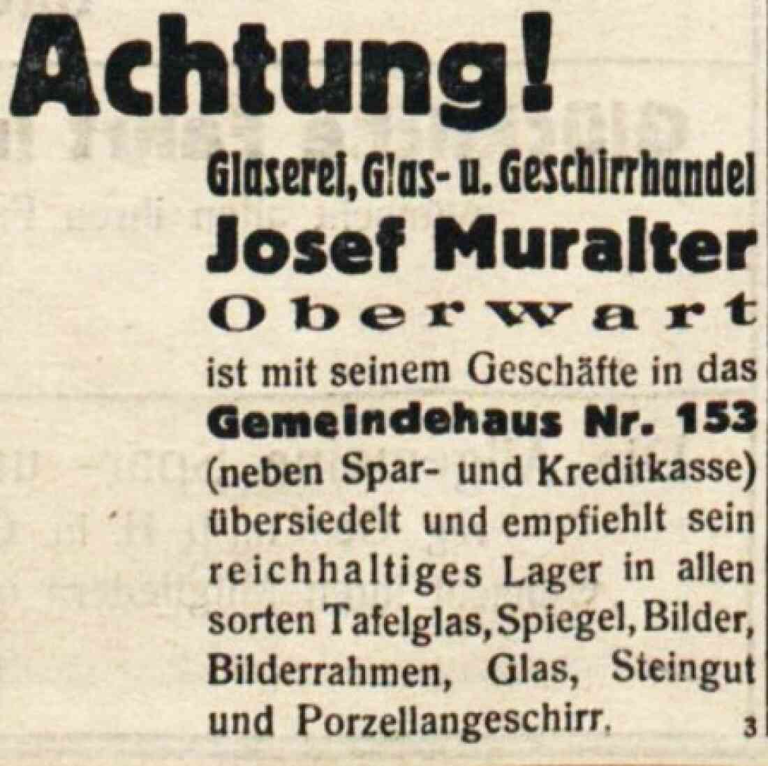 Oberwarther Sonntags-Zeitung vom 1. Jänner 1939: Bekanntgabe des Umzugs der Fa. Glaserei Muralter ( Arisierung) - OW 153 (Gemeindehaus) / Wienerstraße 2