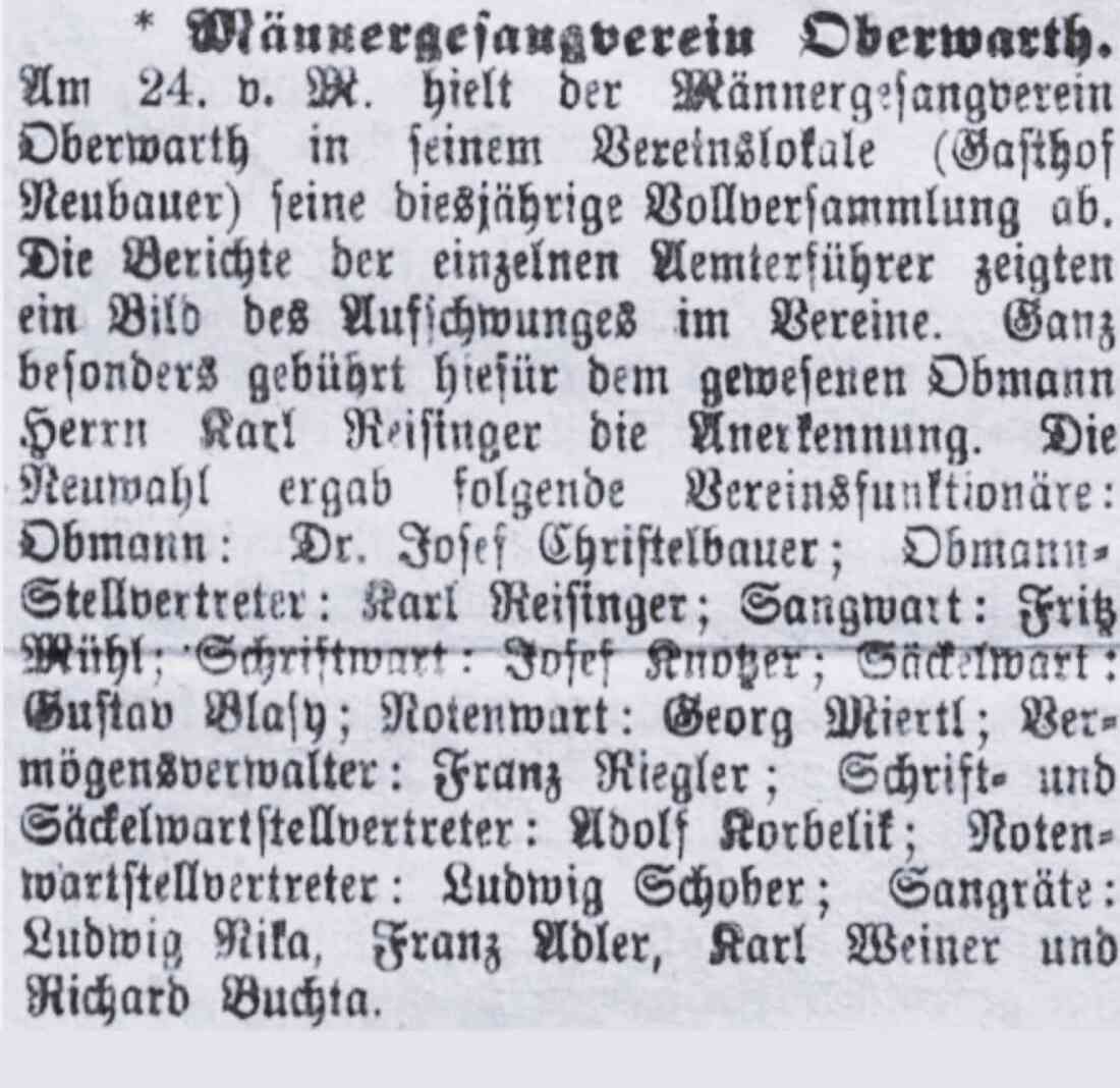 Bericht in der Oberwarther Sonntags = Zeitung vom 3. April 1927 über die Vollversammlung des Männergesangvereins