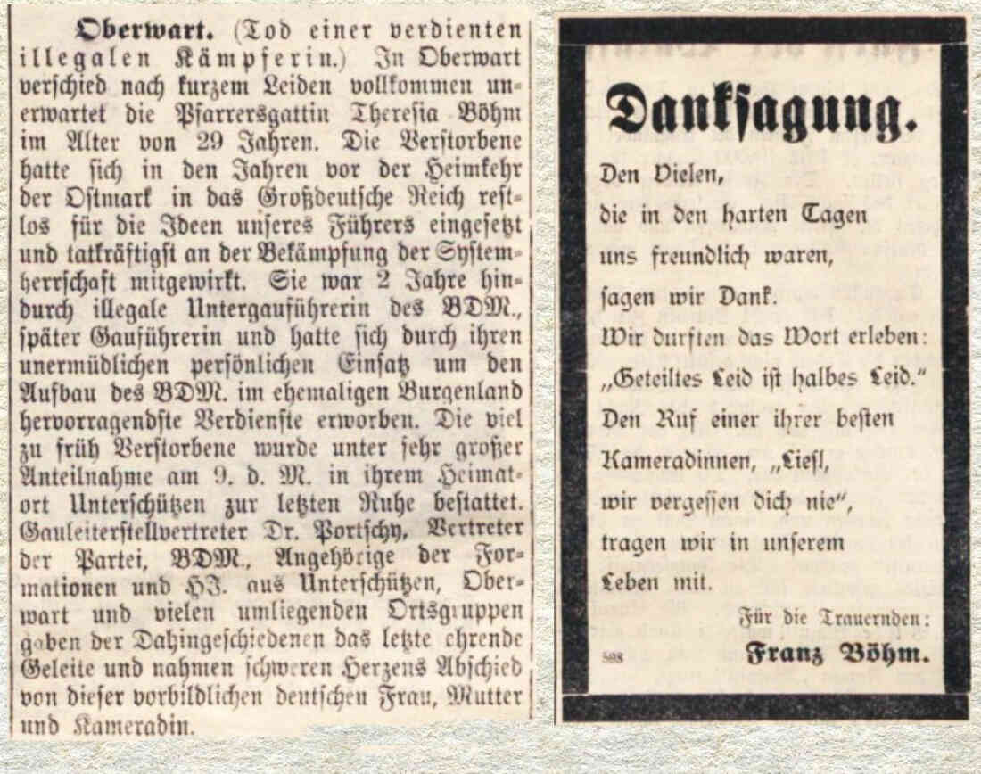 Bericht und Danksagung anlässlich des Ablebens von Theresia Böhm (*1910/+1939) in der Oberwarther Sonntags = Zeitung vom Dezember 1939