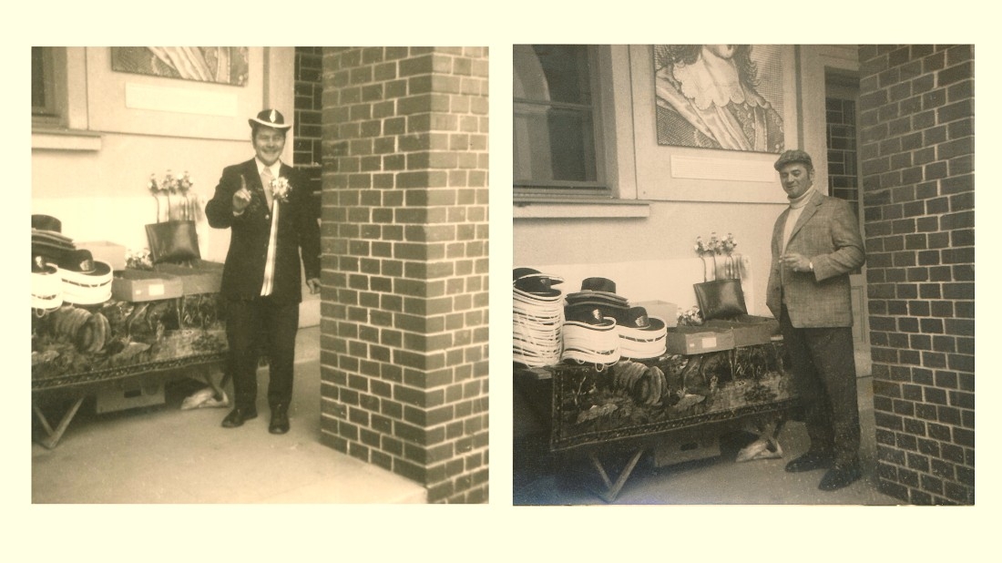 Martin Horvath (links) und Marktfahrer Alfred Zeisser (rechts) beim Verkauf von Artikeln zur Musterung im Eingangsbereich der Spork-Kasernenbereich