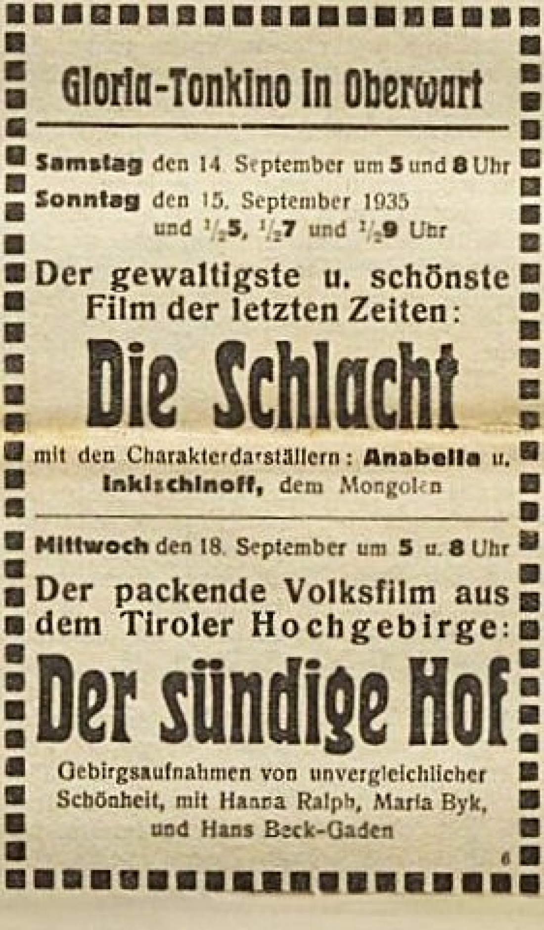 Announce in der Oberwarther Sonntags = Zeitung: Gloria-Tonkino "Die Schlacht" / "Der sündige Hof"