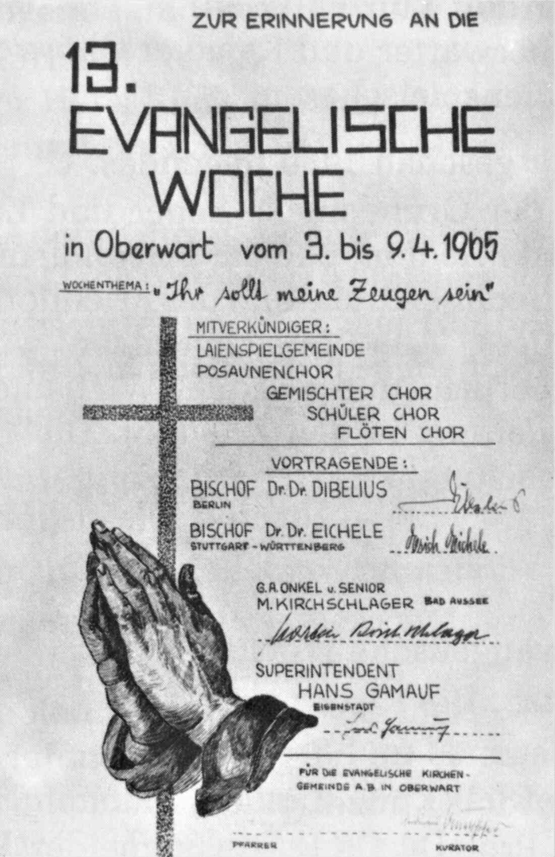 Erinnerungurkunde an die 13. Evang. Woche der evang. Pfarrgemeinde AB im Jahre 1965 zum Wochenthema "Ihr sollt meine Zeugen sein"