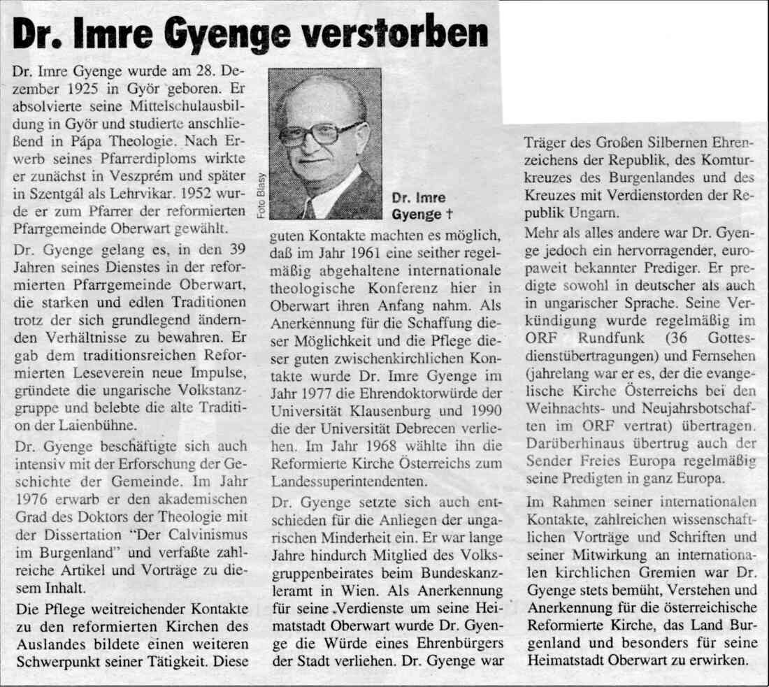 Reformierte Pfarrgemeinde: Nachruf nach Superintendent, Pfarrer Dr. Emmerich Gyenge