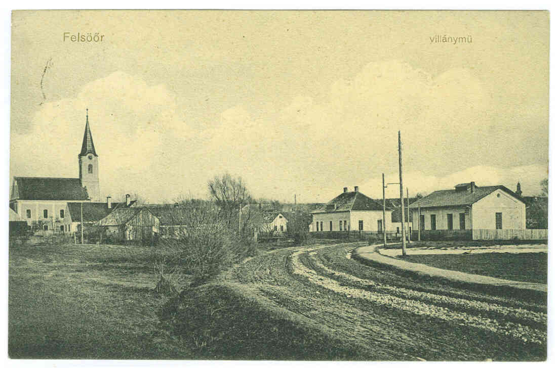 Ansichtskarte: "Felsöör - villánymü" (Elektrizitätswerk) Graf Erdödystraße mit Blick auf die Häuser Nr. 1 und 3