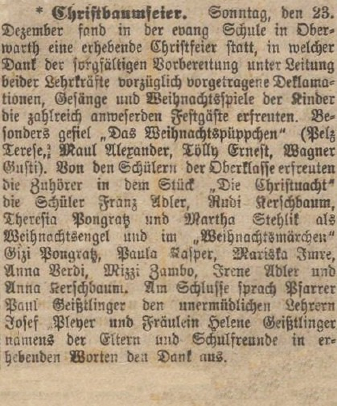 Oberwarther = Sonntagszeitung vom 30. Dezember 1923: Christbaumfeier in der evang. Schule