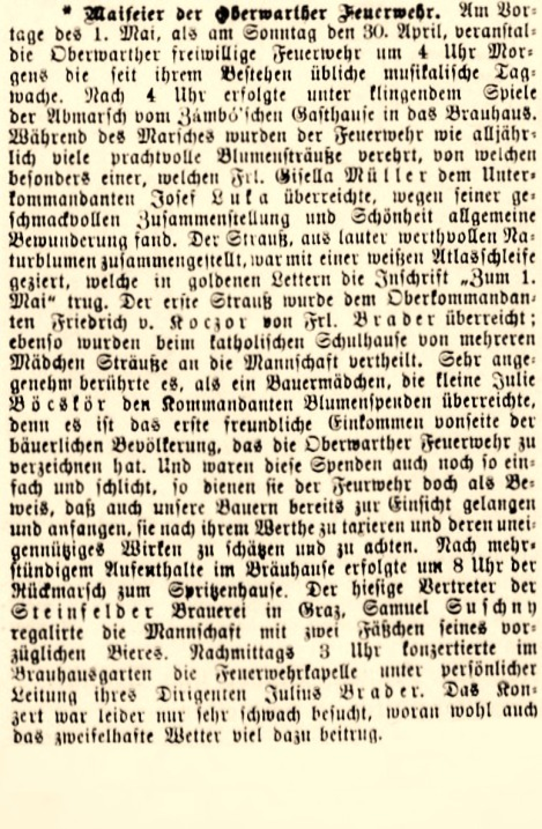 Artikel in der Oberwarther Sonntags = Zeitung über den Marsch der Freiwilligen Feuerwehr zum 1. Mai