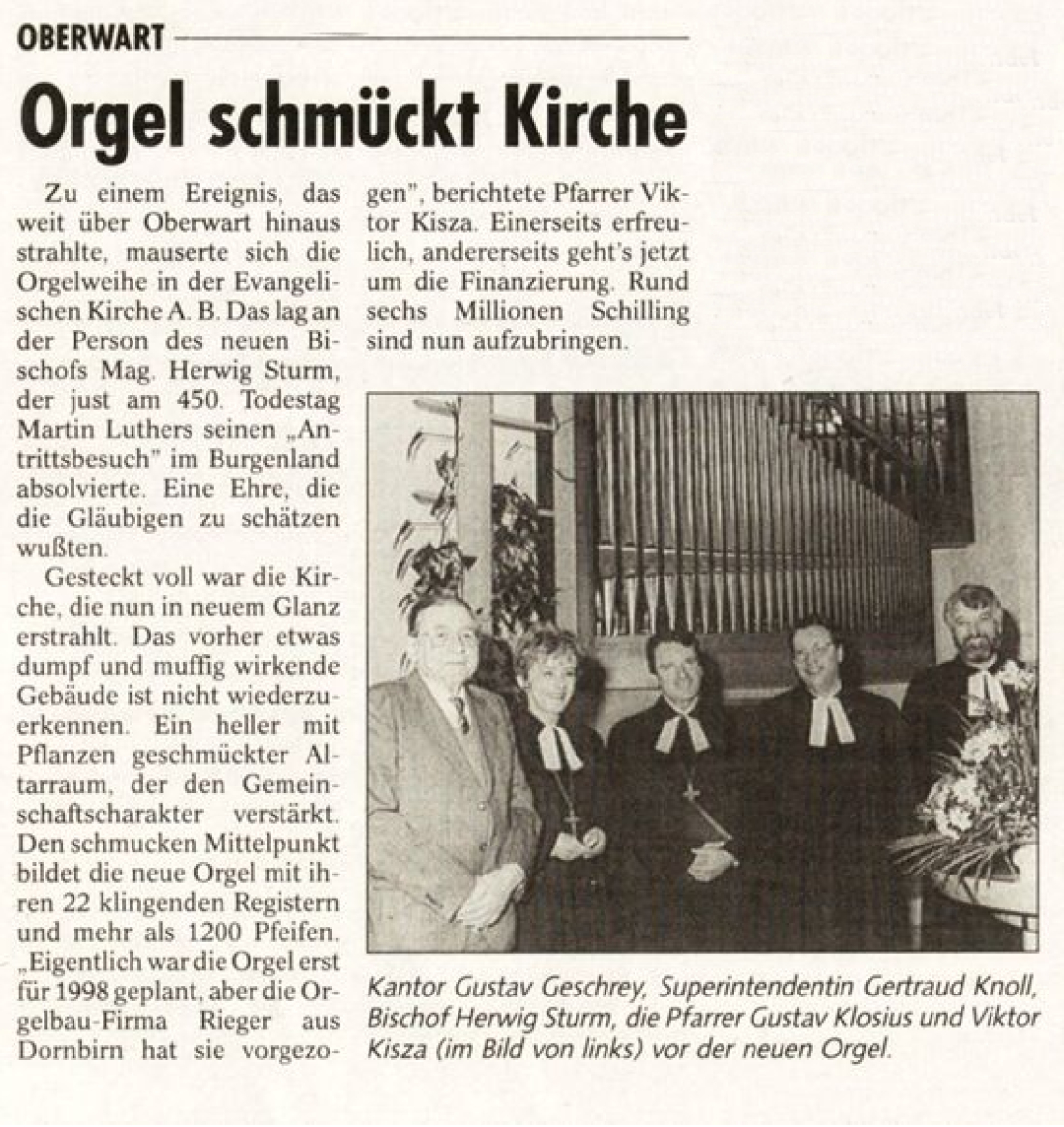 Evang. Pfarre AB: Bericht in der BF vom 13. März 1996 über die neue Orgel - Geschrey/Knoll/Sturm/Klosius/Kisza