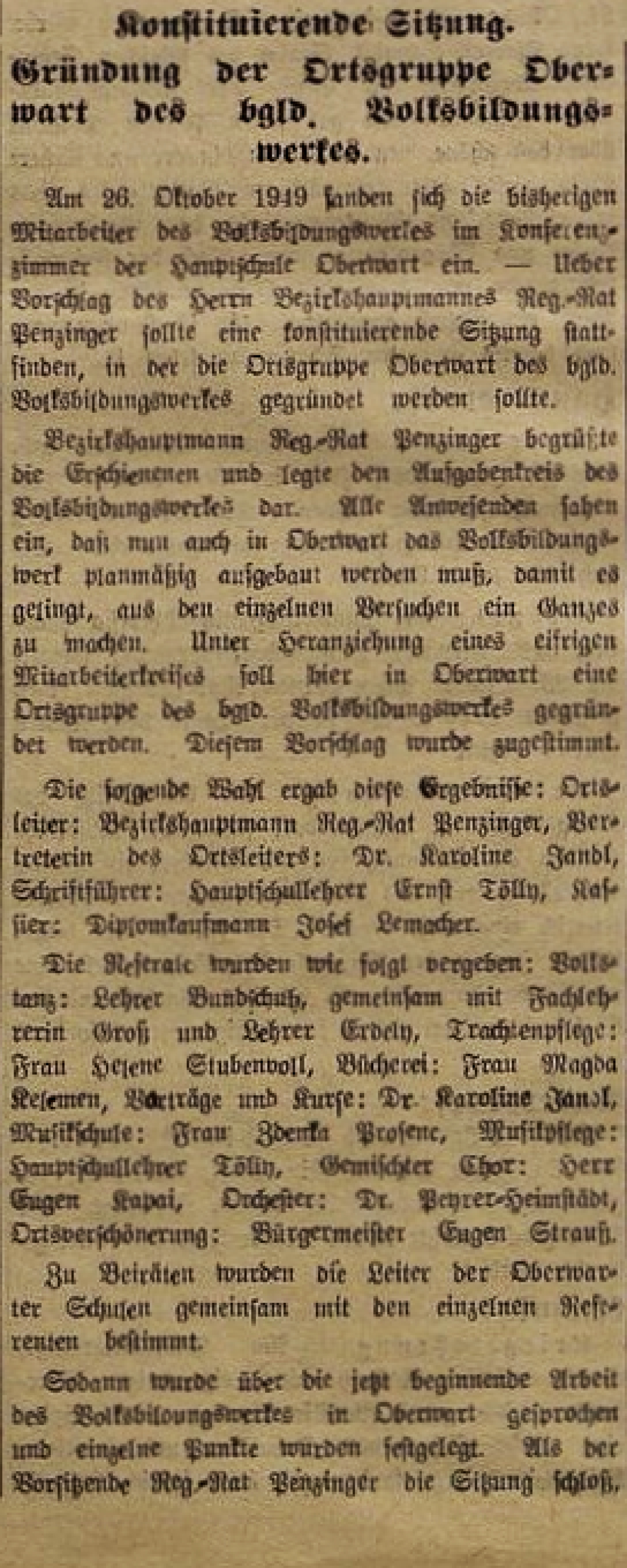 Artikel in der Oberarter Zeitung vom 6. November 1949 über die Konstituierende Sitzung der Ortsgruppe Oberwart des bgld. Volksbildungswerkes