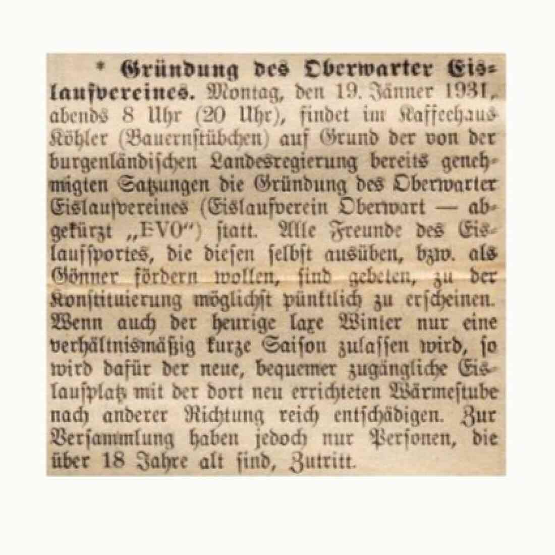 Artikel in der Oberwarther Sonntagszeitung vom 18. Jänner 1931 zur Gründung des Oberwarter Eislaufvereins