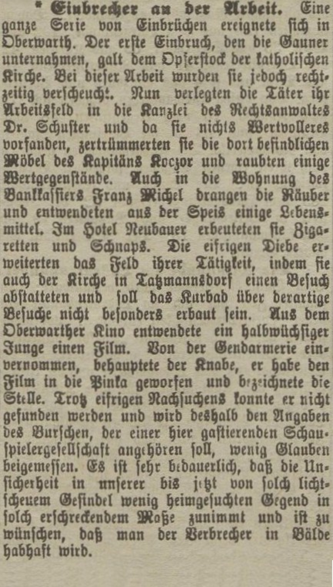 Oberwarther = Sonntagszeitung vom 17. juni 1928: Einbrecher an der Arbeit