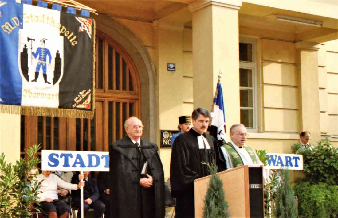 50 Jahre Stadt Oberwart: die drei Stadtpfarrer Emmerich Gyenge - reformiert, Viktor Kisza - evang. AB und Walter Schwarz - röm. kath;