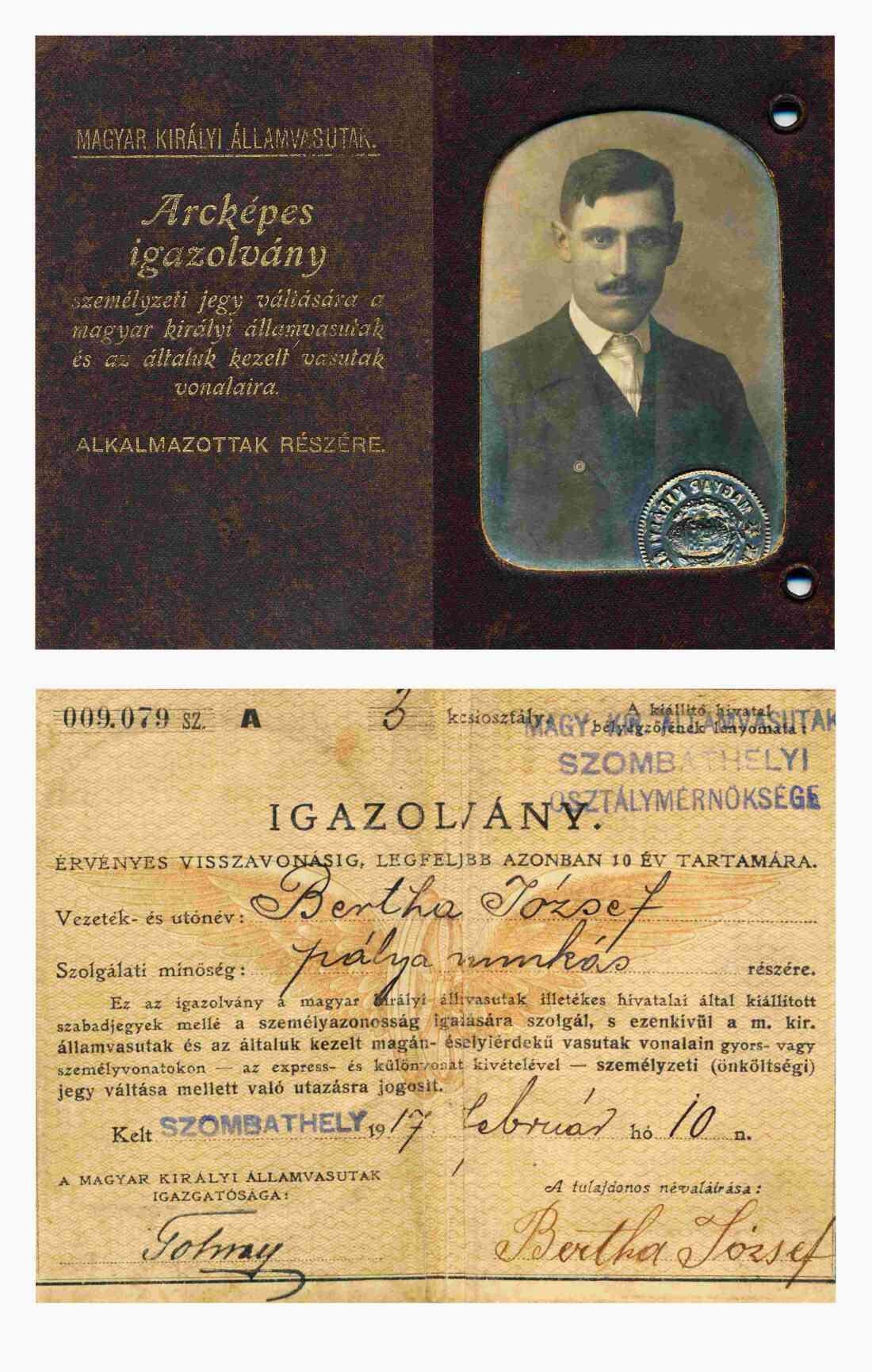 Ausweis zum Nachweis der persönlichen Identität von Straßenbahnfahrer Josef / Jozsef Bertha (*1888/+1978) - ausgestellt von den Ungarischen Königlichen Staatsbahnen