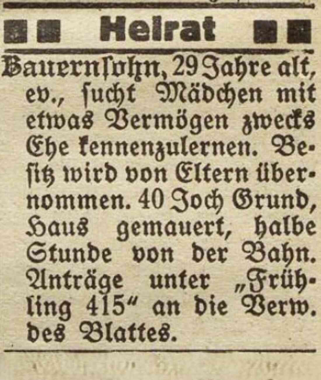 Heiratsinserat in der Oberwarther Sonntags-Zeitung vom 28. Jänner 1934 "Bauer sucht Frau"