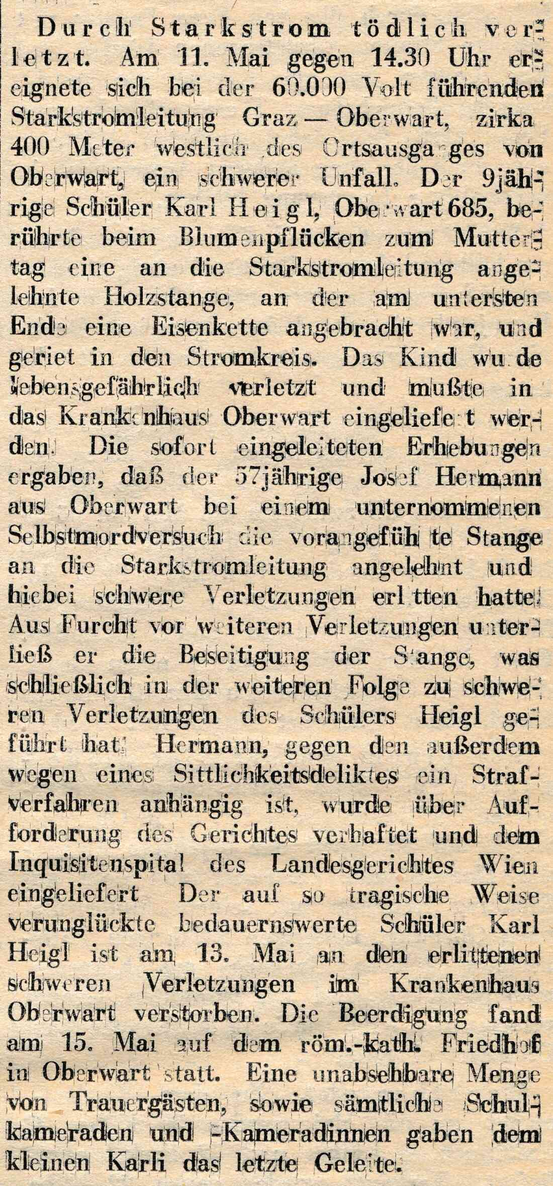 Bericht über den tragischen Unfalltod des Schülers Karl Heigl (Heigl/Hermann) in der Oberwarter Zeitung (später OZ)