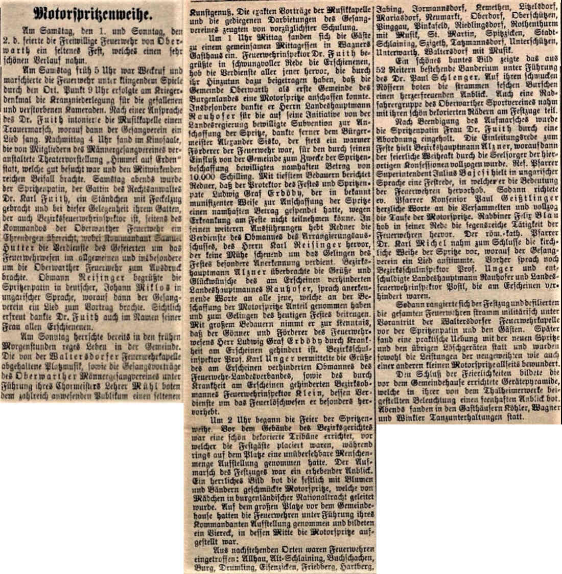 Freiwillige Feuerwehr: Artikel in der Oberwarther Sonntagszeitung anlässlich der Motorspritzenweihe am 1. und 2. Mai 1926