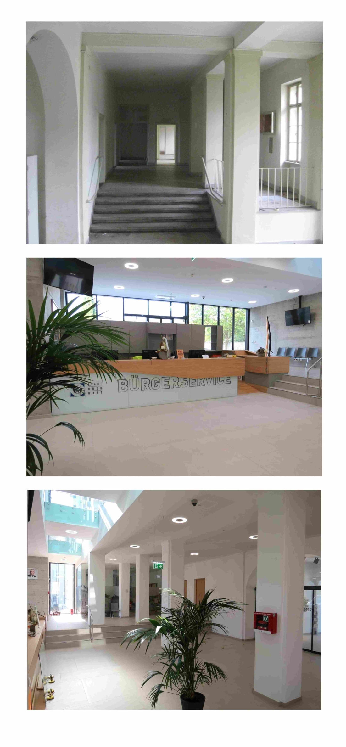 Eingangs- bzw. Empfangsbereich des Rathauses vor und nach dem Um- und Ausbau von 2015 bis 2017