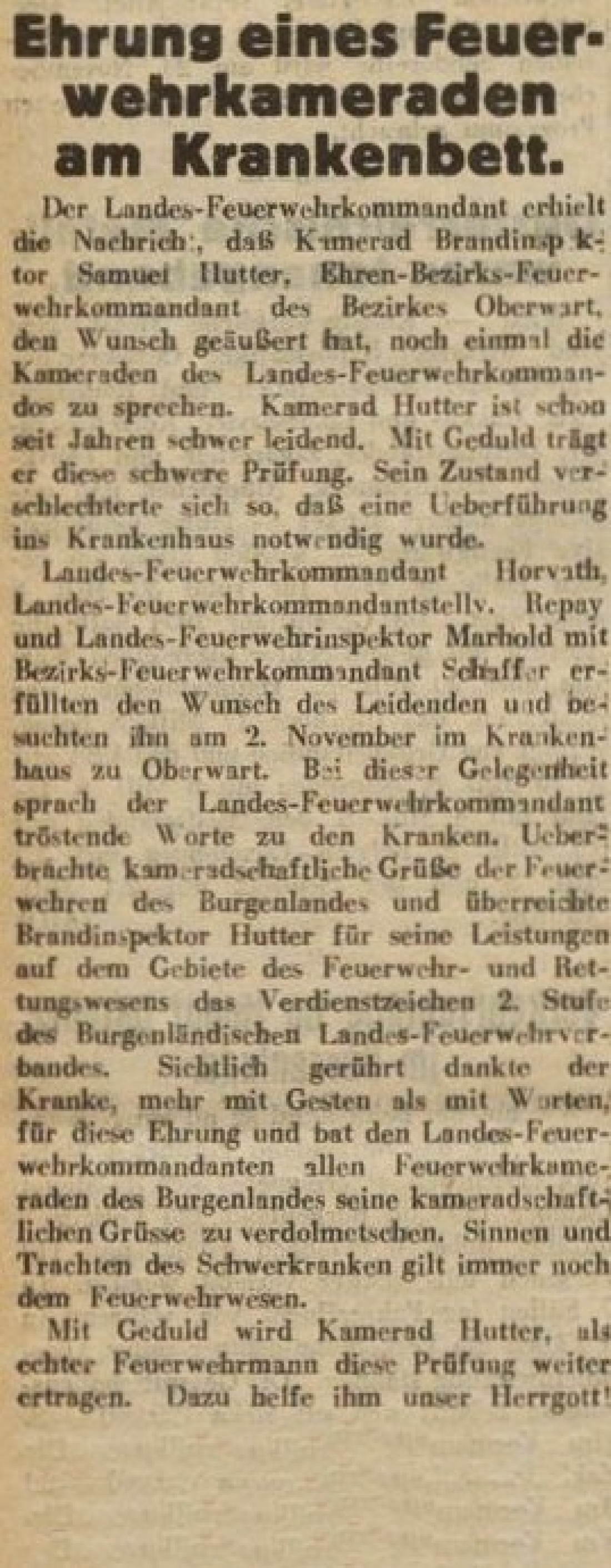 Oberwarter Zeitung vom 13. November 1955: Ehrung eines Feuerwehrkameraden am Krankenbett