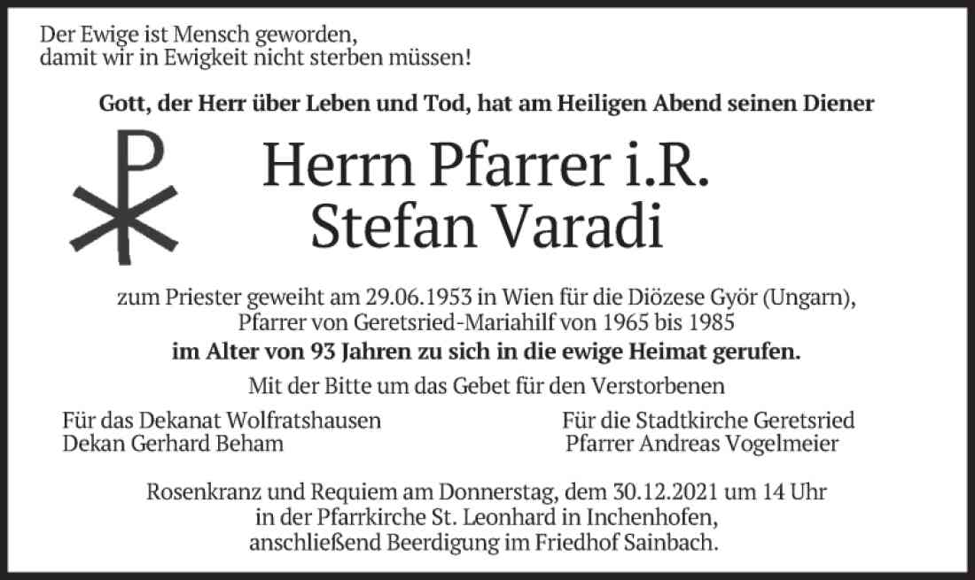Parte Pfarrer und Ehrendomherr in Inchenhofen Stefan Varadi (*1928 / +2021) - Kaplan in Oberwart von 1953 bis 1955