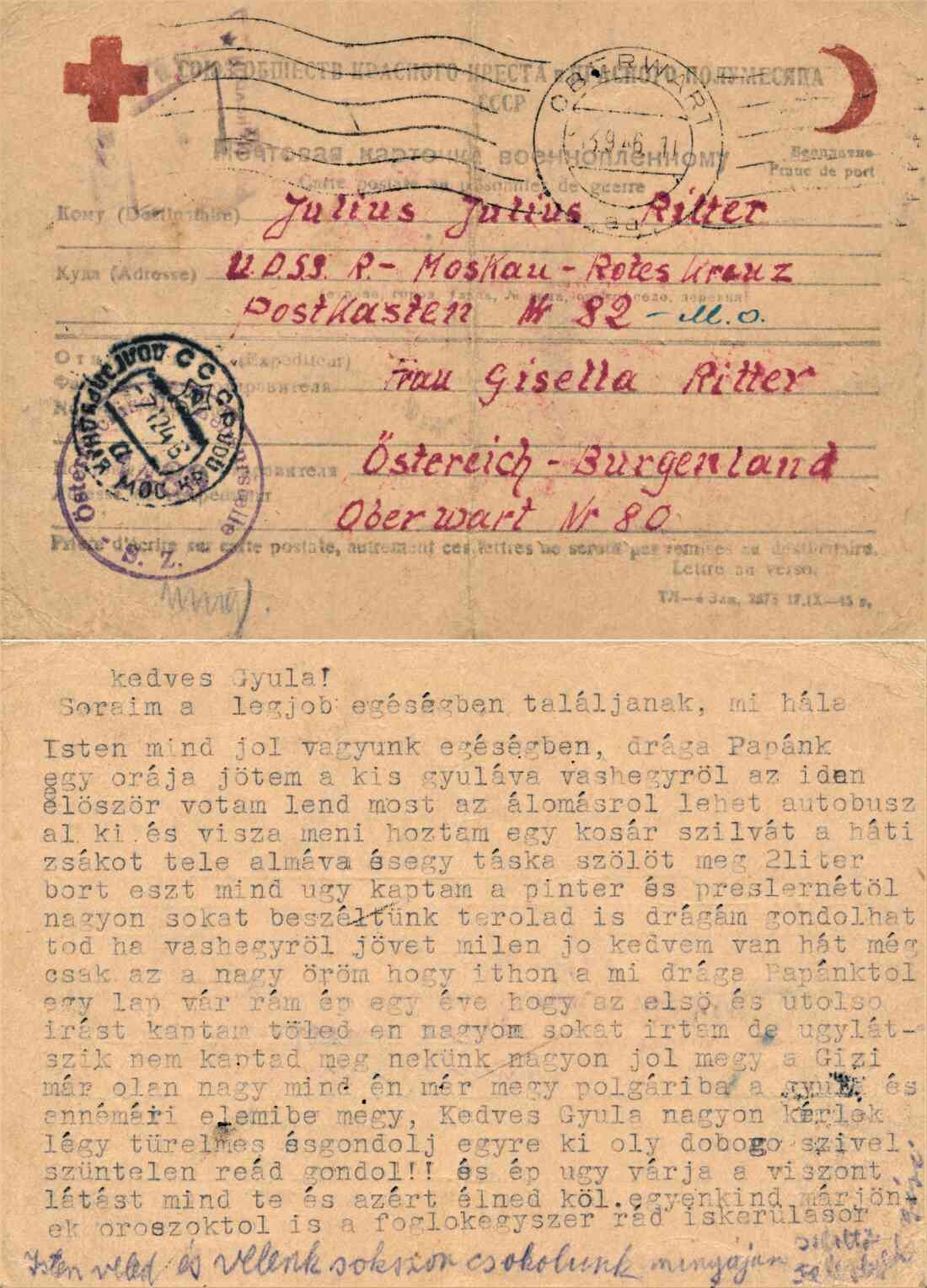 Postkarte von Gisela an den in sowjetischer Kriegsgefangenschaft weilenden Gatten Julius Ritter (OW. 80, heute Buchengasse 9)