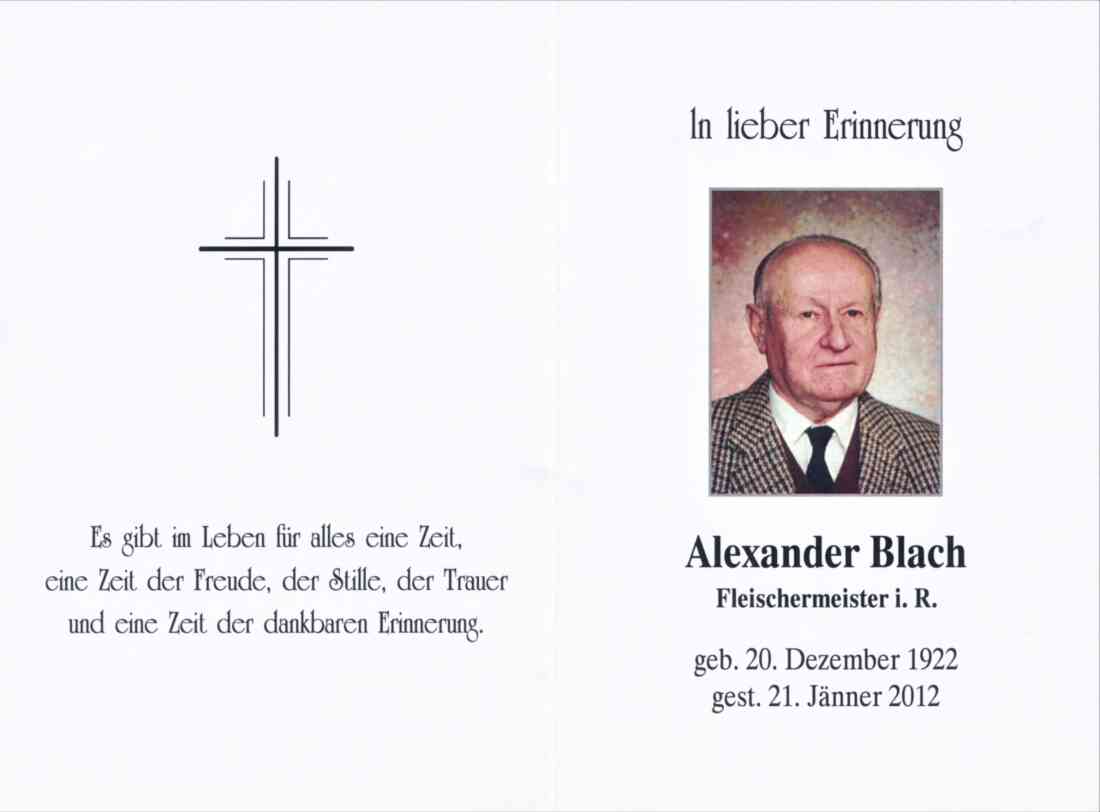 Erinnerungskärtchen: Fleischermeister Alexander Blach (*1922 / +2012)