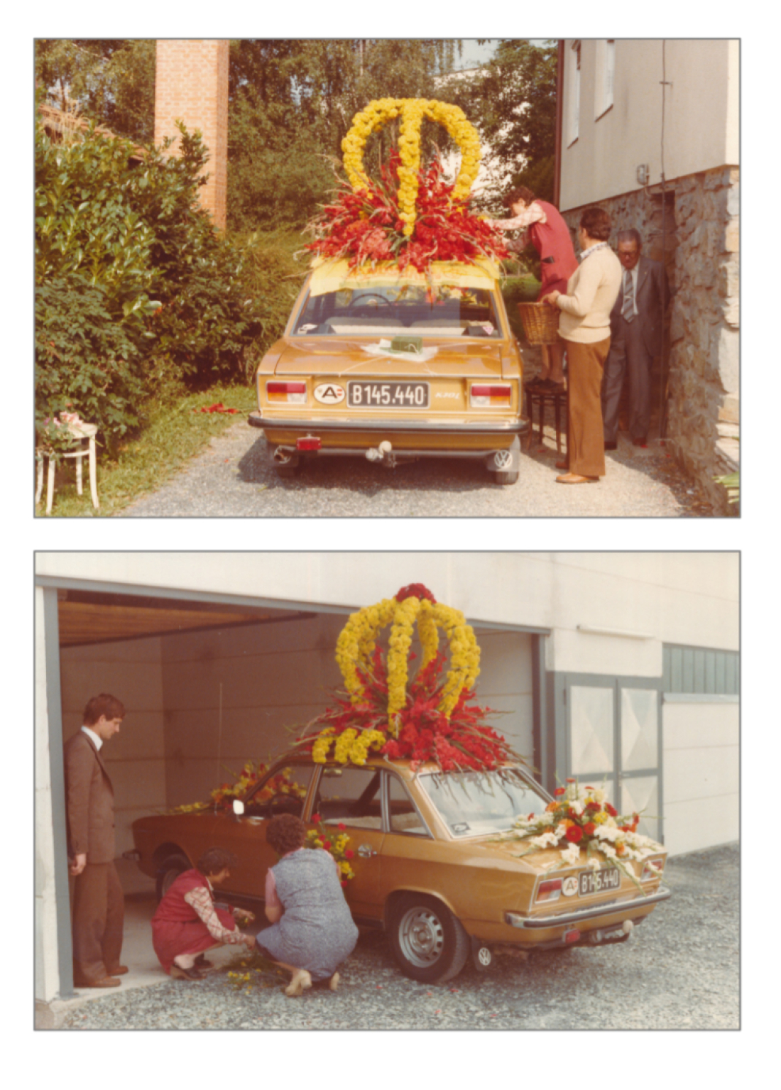 Letzte Vorbereitungen am Wagen der Gärtnerei Graf zum Umzug anlässlich des Bezirkserntedankfests 1981