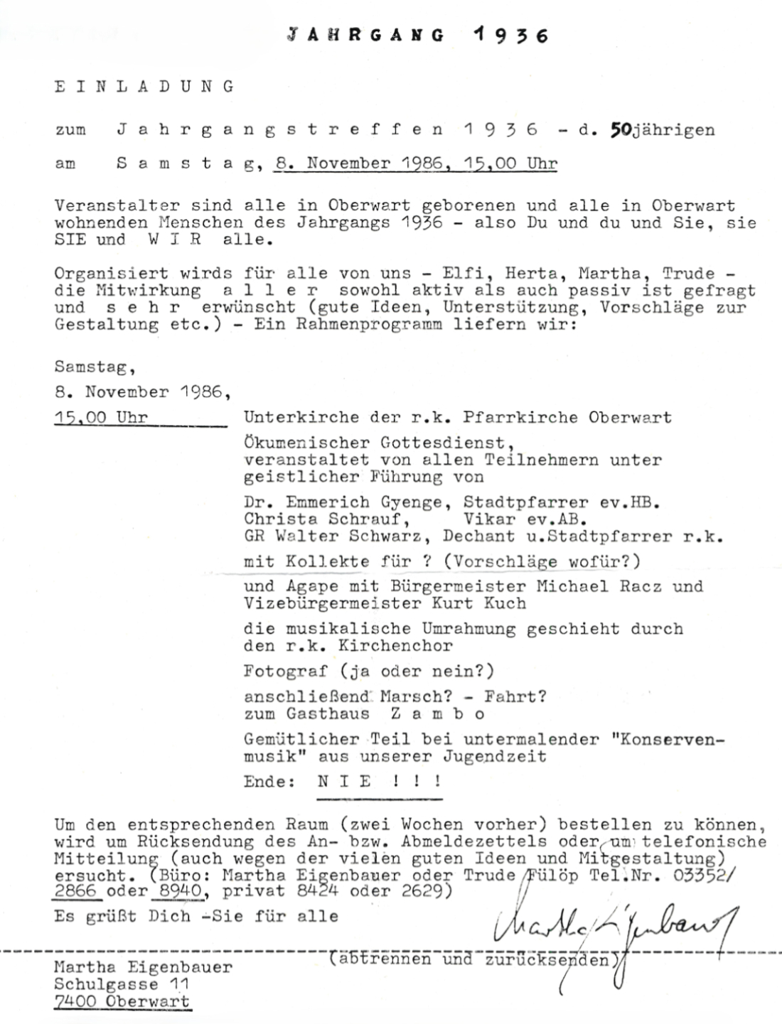 Einladung zum Jahrgangstreffen der 1936 Geborenen am 8. November 1986